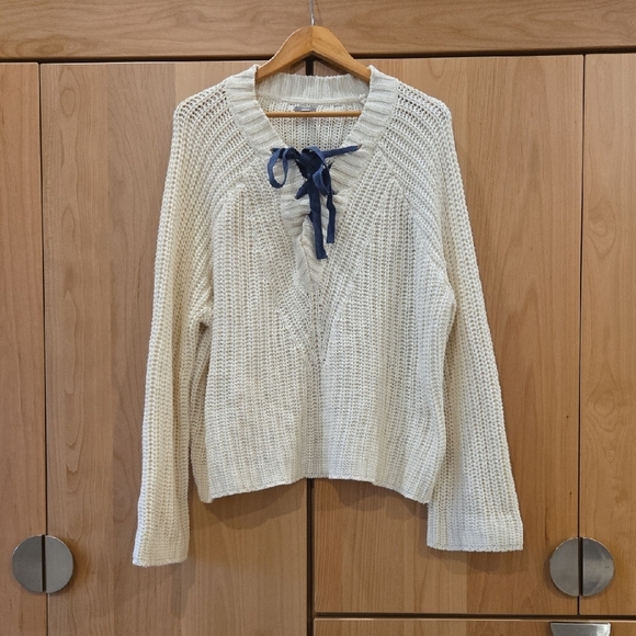 aerie Sweaters - Cream and Blue Crew Neck Sweater with Textured Knit